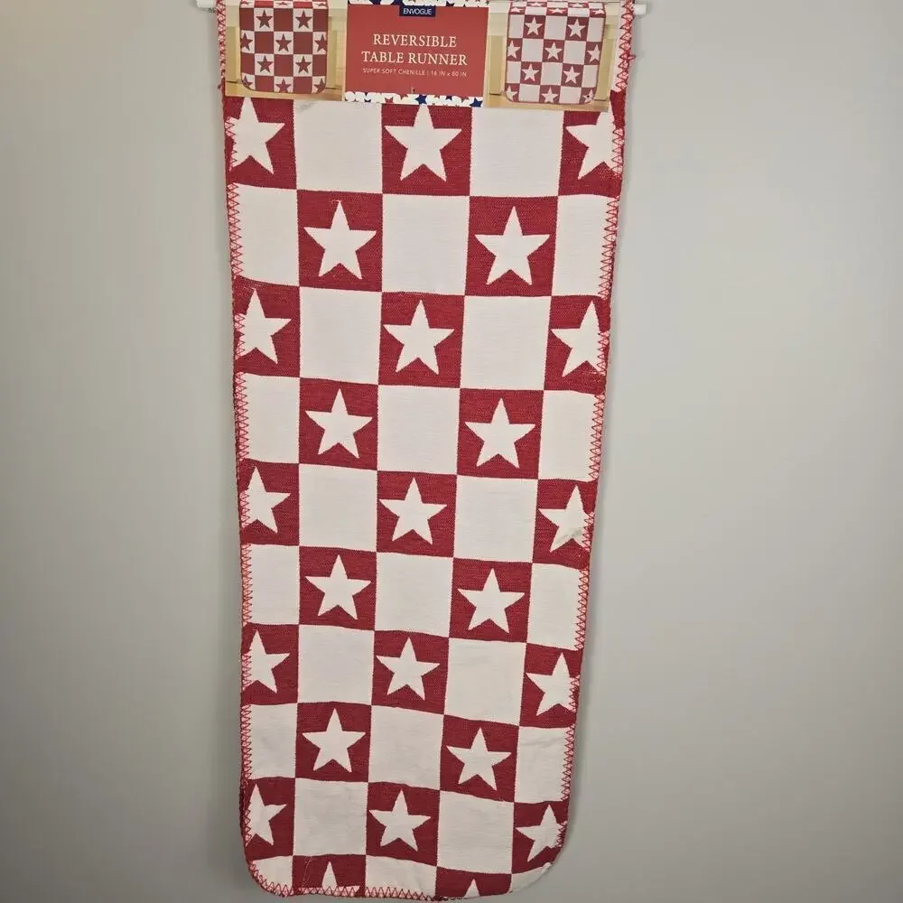 Table Runner USA Star Chenille Cloth Red White Patriotic 16x80